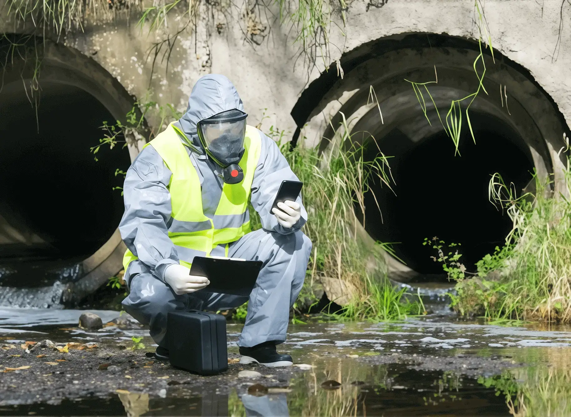 Hazmat technician collecting water samples near storm drains